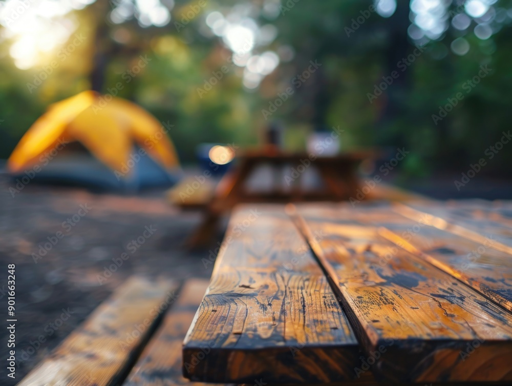 Poster a wooden picnic table sits in front of a tent in a forest. the table is empty, but there are two peo