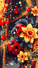 Naklejka premium Enchanting Springtime Greeting Vibrant Ladybugs on Flowers, Capturing the Essence of Nature's Beauty and Renewal for a Perfect Greeting Card Digital Art Background Wallpaper