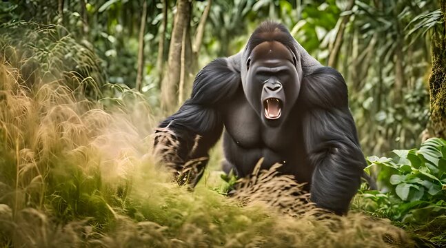 Powerful Silverback Gorilla Roaring in Jungle Wildlife