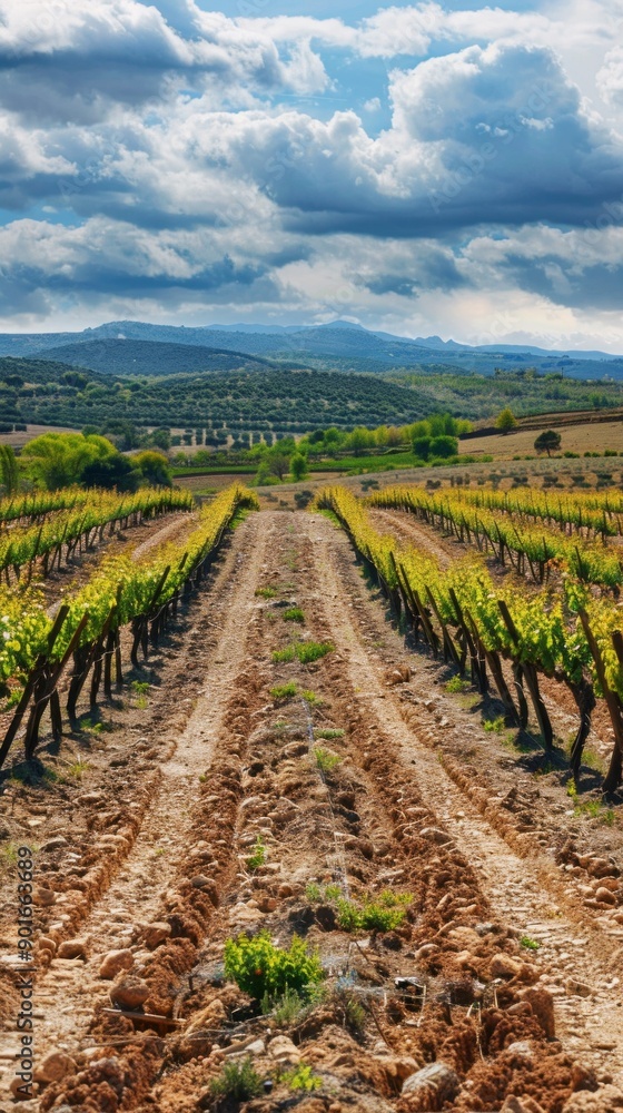 Poster a field of grape vines with a cloudy sky in the background
