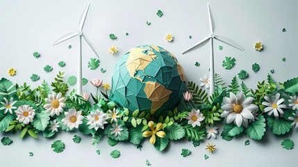 Globe with solar panel and wind turbine minimalistic flat white background illustration space for Ad