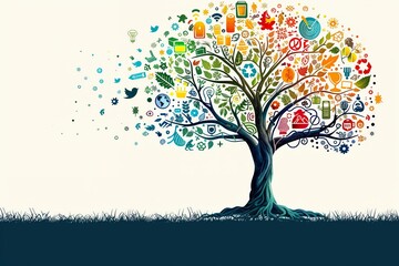 Tree with renewable energy and recycling minimal design flat white background style space for Ad