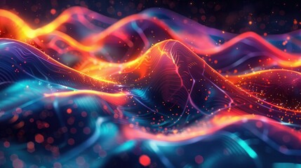 Fluorescent, flowing shapes in a tech background