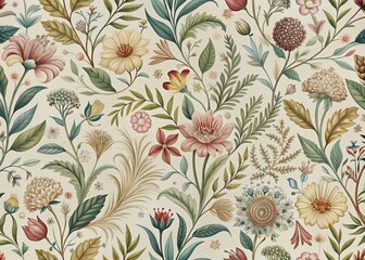 Intricately illustrated, lush botanical florals and foliage in soft, muted hues dance across a vintage-inspired, seamless repeating pattern on a creamy ivory background.