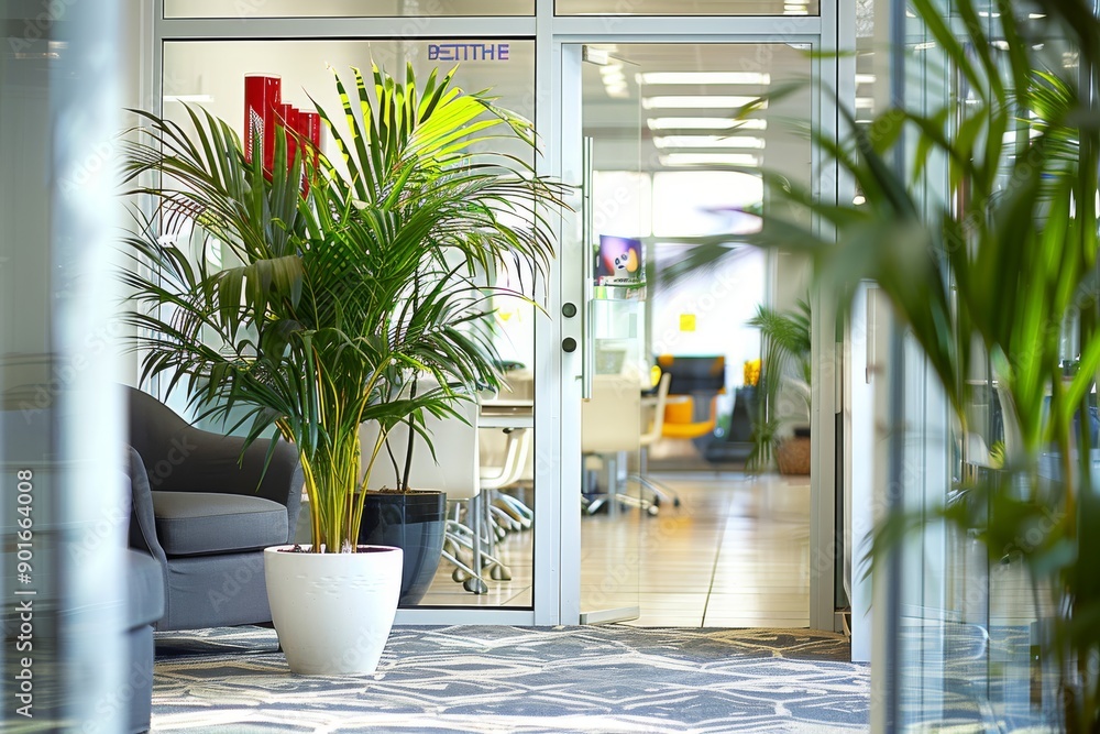 Poster bright modern office with lush greenery and contemporary design creating an inviting and productive 