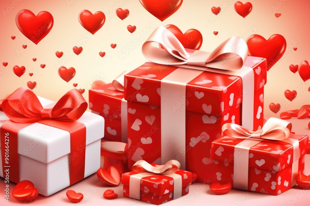 Aufkleber a stack of red and white boxes with hearts on them. the boxes are piled on top of each other, creati