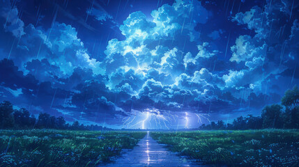 Anime Illustration of Dramatic Thunderstorm with Lightning Over a Flooded Field at Night