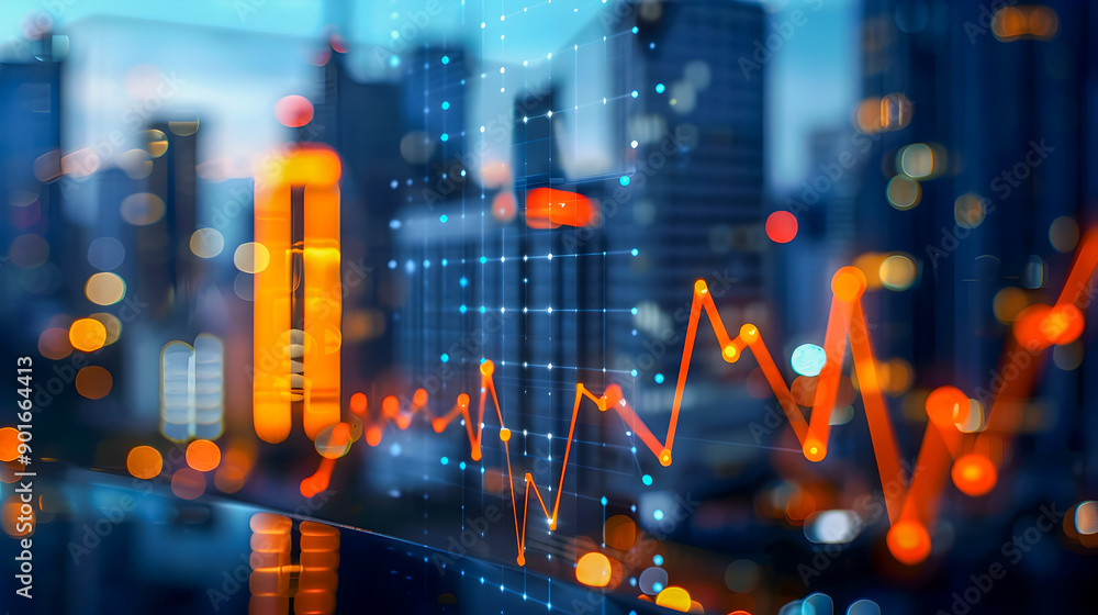 Poster a striking and dynamic visual representation of a soaring market graph overlaid on a captivating mod