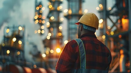 Obraz premium A worker in safety gear observes an industrial site, showcasing the importance of safety in the oil and gas industry at sunset.