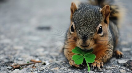 Fototapeta premium A squirrel is holding a clover leaf in its mouth. Concept of innocence and curiosity, as the squirrel is a small, adorable creature holding a leaf in its mouth