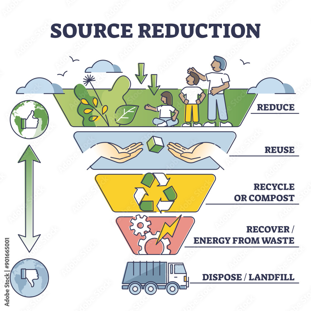 Poster source reduction and environmental friendly waste management outline diagram, transparent background