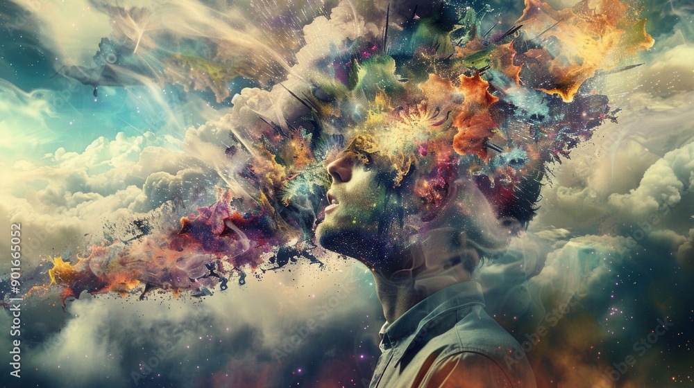 Poster A person contemplates while colorful, abstract images emanate from their mind, symbolizing a rich tapestry of thoughts and ideas in a serene setting. Generative AI