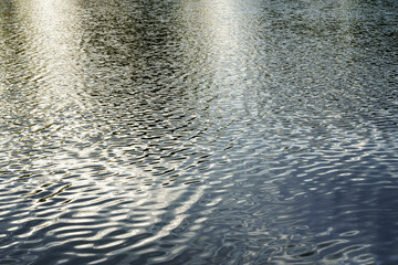 The texture of ripples on the water in a pond illuminated by the setting sun. Natural background.