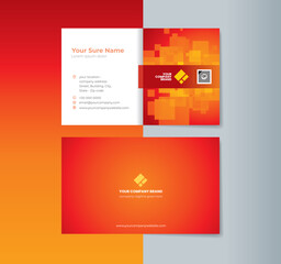 Set of double-sided business card template designs with random transparent yellow squares on a half orange-red and half white background