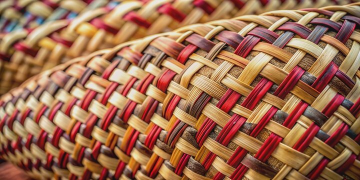 Woven flax fibers of harekeke in traditional Maori kete basket pattern with soft focus, imperfect background, and shallow depth of field in diagonal composition.