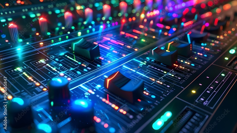 Poster futuristic 3d digital soundboard with interactive elements and dynamic music background