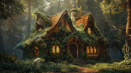 Fototapeta premium An enchanted fairytale cottage in a magical forest with walls covered in vines.