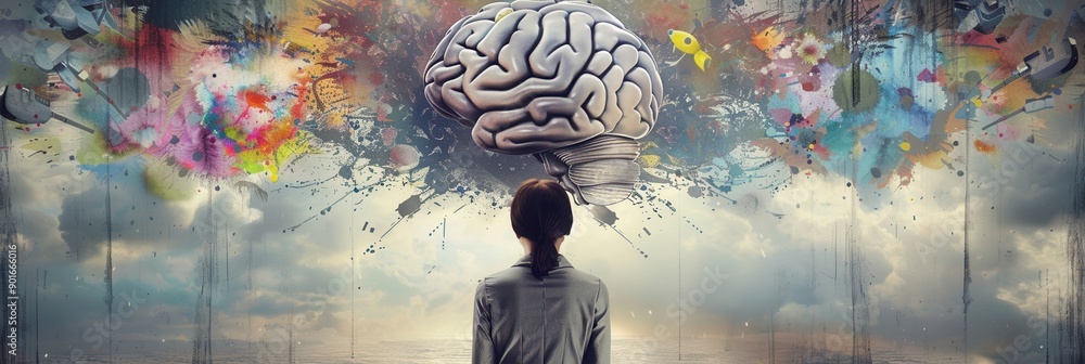 Poster A person stands in awe as a large brain projects a vivid explosion of eclectic images into the twilight sky. Generative AI