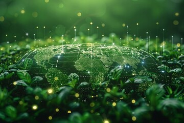 Earth with green technology and transport minimal icon flat green background digital illustration space for Ad