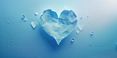 Fototapeta premium A heart made of ice is floating on a blue background. The heart is broken and has a few missing pieces. Concept of sadness and loss