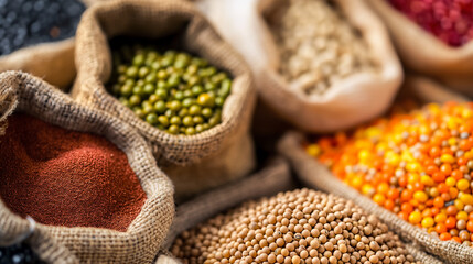 Fototapeta premium Colorful Seeds in Burlap Sacks 