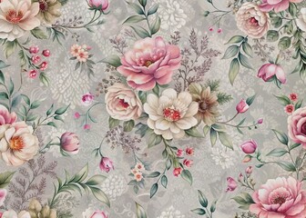 Delicate digital watercolor blooms merge with grey lace texture, forming an ethereal, elegant repeat pattern perfect for luxurious textile designs and sophisticated home decor accents.