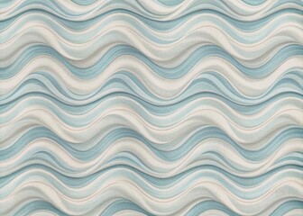Soft white fabric with undulating wave pattern in shades of pale blue and cream, evoking a sense of gentle ocean movement and calming serenity.