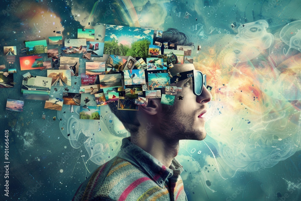 Poster A person contemplates, surrounded by a cascade of vibrant images representing thoughts and ideas amidst a cosmic backdrop. Generative AI