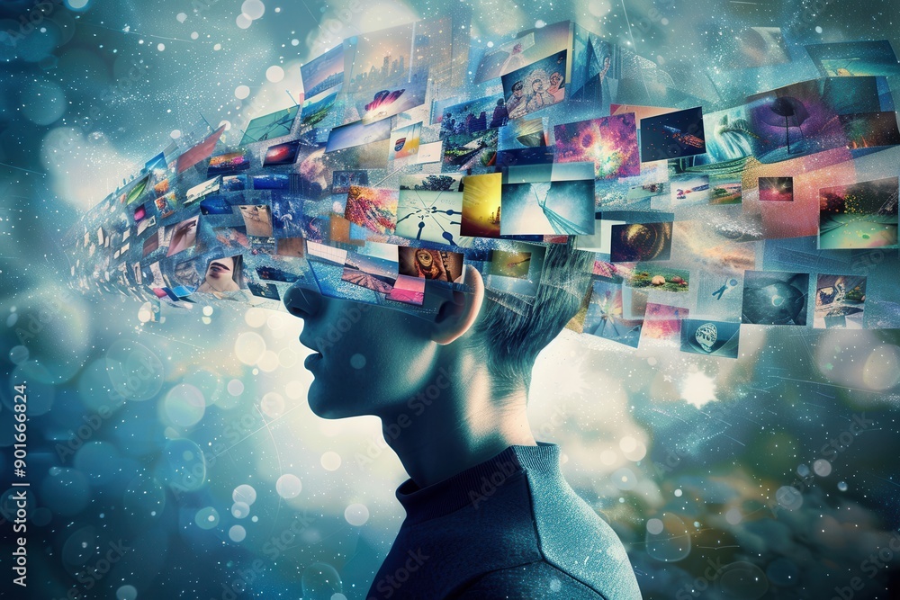 Poster A person envisions diverse images representing creativity and imagination, capturing the essence of brainstorming and thought processes. Generative AI
