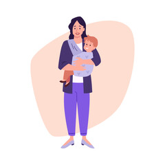 Mother holding baby in carrier vector illustration