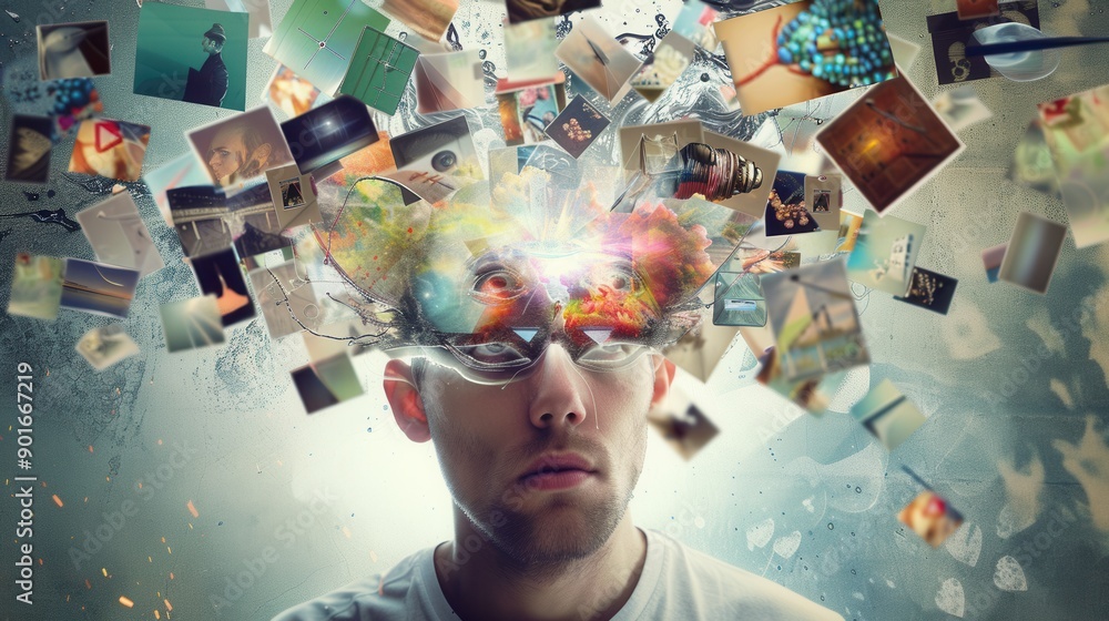Aufkleber A person visibly immersed in brainstorming, experiencing a flood of eclectic images and ideas emerging from their mind. Generative AI