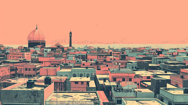 Risograph retro riso print travel poster, card, wallpaper or banner illustration, modern, isolated, clear, simple of Basra, Iraq