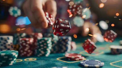 Rolling Dice at Craps Table: A close-up of hands rolling dice at a craps table, dice mid-air and chips stacked high.
