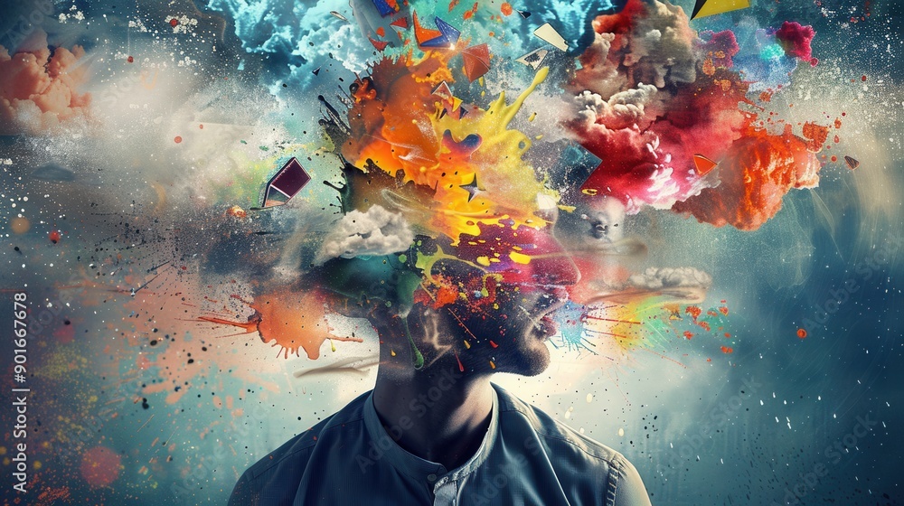 Leinwandbilder a person experiences a vibrant explosion of colors and shapes representing a flurry of creative thou