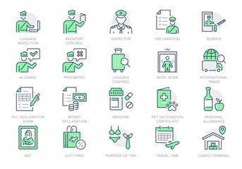 Customs line icons. Vector illustration include icon - inspector, luggage, permission, allowance, declaration, import outline pictogram for border inspection. Editable Stroke, Green Color