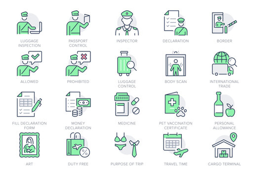 Customs line icons. Vector illustration include icon - inspector, luggage, permission, allowance, declaration, import outline pictogram for border inspection. Editable Stroke, Green Color