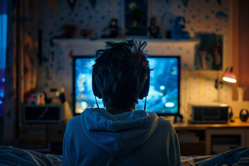 Obraz premium A child plays video games - a back angle of a gamer with headphones in front of a TV playing a game console in the bedroom