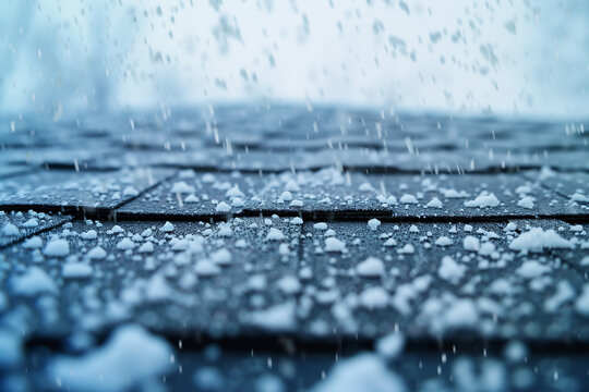 Asphalt roof shingles are pelted with hail, snow or sleet- a close up view of a roof during a winter storm, shallow depth of field