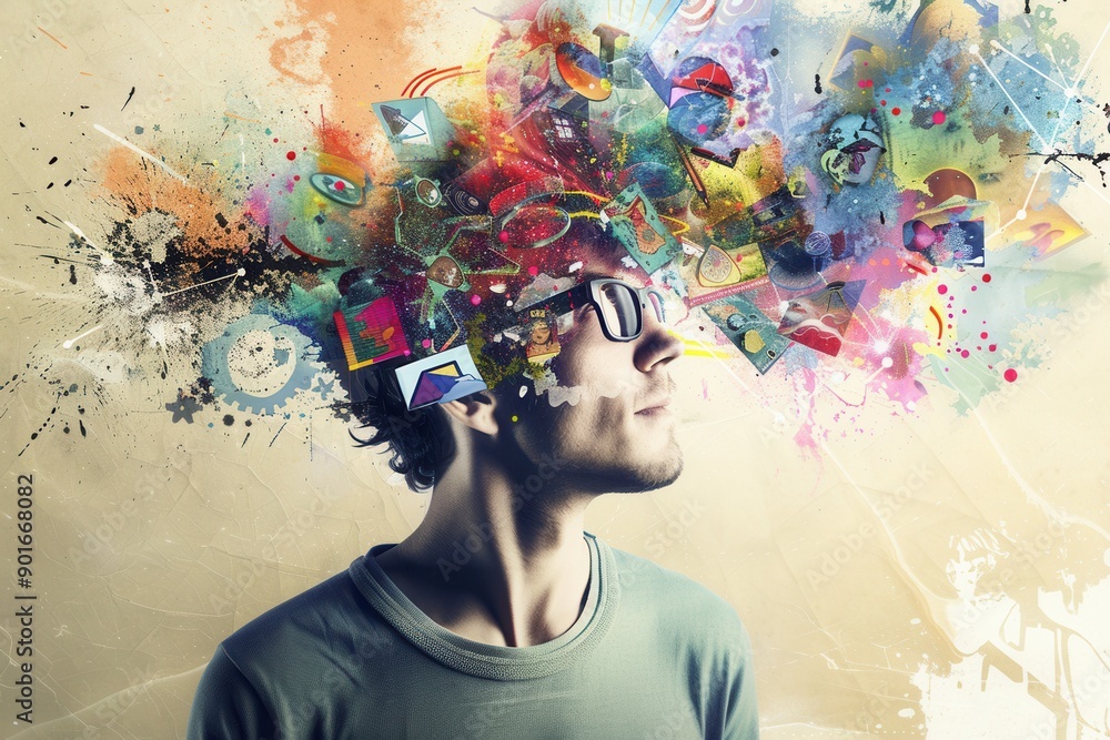 Poster A person envisions a whirlwind of colorful and diverse images, representing a vibrant brainstorming session filled with imagination and creativity. Generative AI