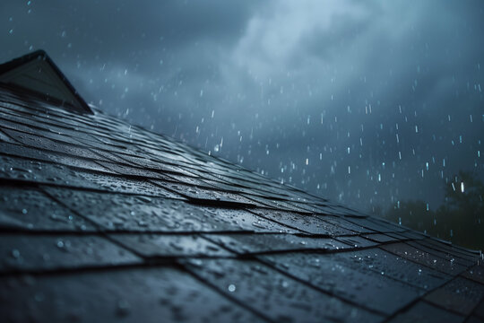 Close up view of roof shingles soaked with raindrops - a close up view of a roof during a storm - ominous clouds in the background 