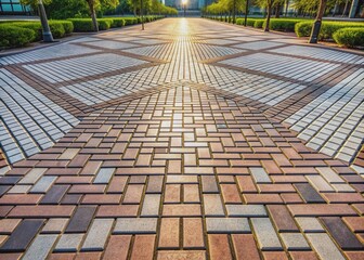 Fototapeta premium Neatly arranged paving stone blocks form a uniform pavement with clean lines and symmetrical patterns, creating a sense of harmony and serenity in urban design.
