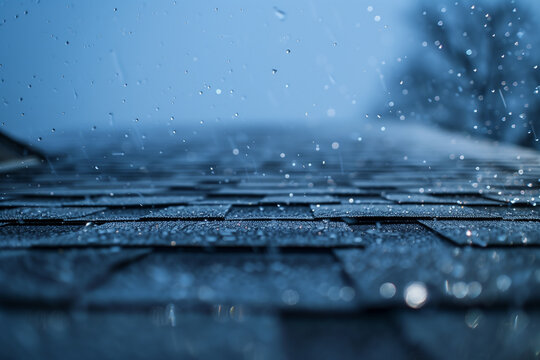 Asphalt roof shingles in a rain storm - a close up view of a roof during a storm, shallow depth of field - drops of rain