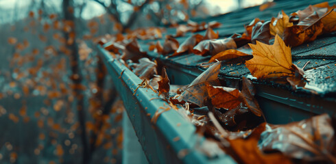 leaves fall into a gutter and onto shingles- a close up view of leaf debris on a roof and clogging a metal drainage gutter, responsive web design series, horizontal banner