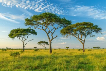 Acacia trees on African savanna at sunset