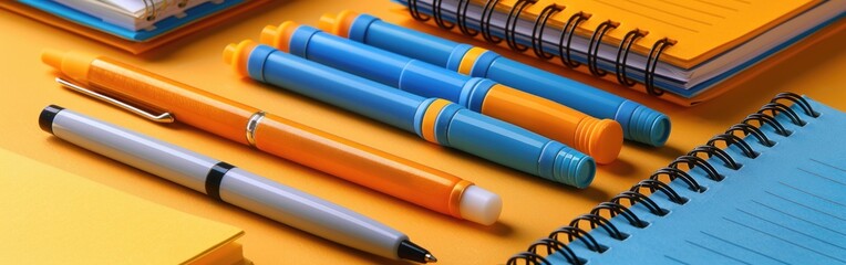 Colorful stationery arranged on a table ready for classroom learning activities