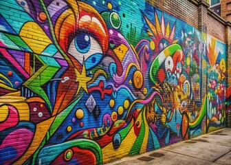 Obraz premium Vibrant colors and abstract shapes blend in a dynamic graffiti wall background, perfect for artistic pop art designs, modern fashion, and urban lifestyle visuals.