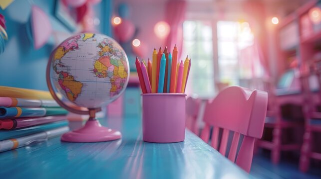 Bright and organized desk featuring a globe and colorful art supplies in a school classroom