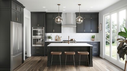 Fototapeta premium Modern Black Kitchen Design with White Countertops and Gold Accents