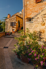 Streets of tuscany city Pienza-during spring warm sunset.
