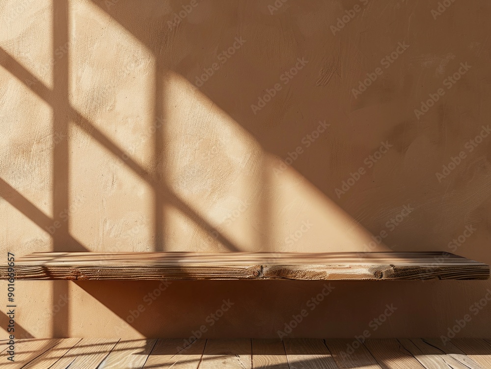 Poster a wooden shelf is sitting in front of a wall with a window. the shelf is empty and the wall is paint